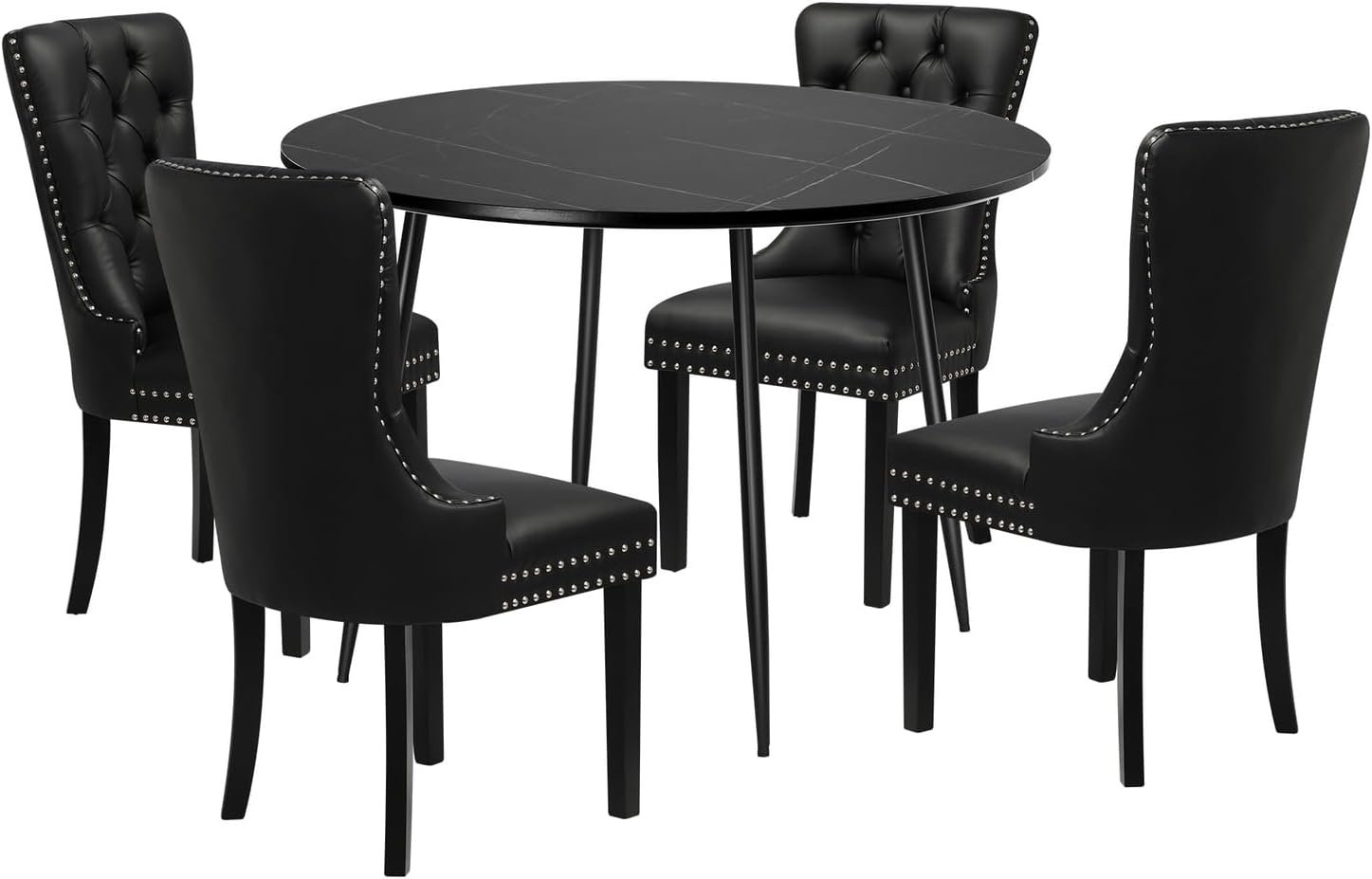 Dining Table and Chair Sets of 4 round Kitchen Table and Pu Leather Kitchen Chairs Black