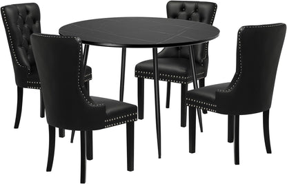 Dining Table and Chair Sets of 4 round Kitchen Table and Pu Leather Kitchen Chairs Black