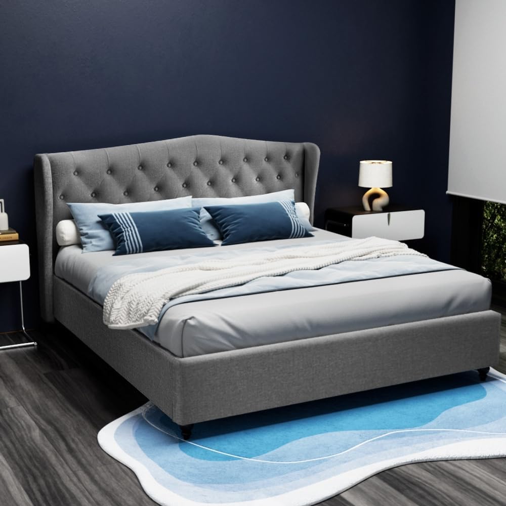 King Bed Frame Platform Wingback, Upholstered with Grey Faux Linen Fabric + Foam + Steel