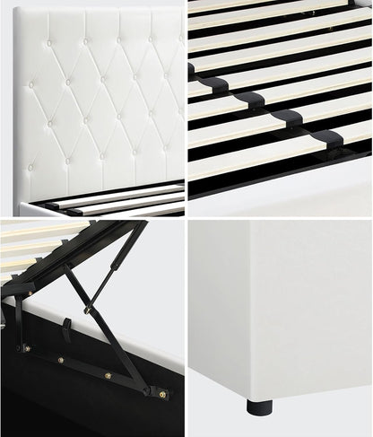 Queen Bed Frame with Storage and Gas Lift Leather Bed White