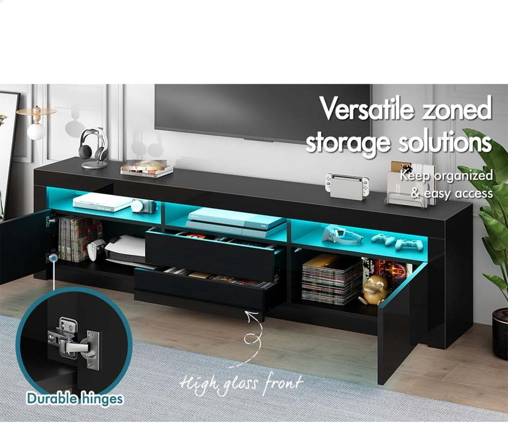 ALFORDSON LED Light TV Cabinet Stand with Storage Cabinet, Shelves and Drawers, Entertainment Unit with Shelves & 2 Drawers, RGB Minimalist Design Multimedia Centres,180X35X60Cm, Black
