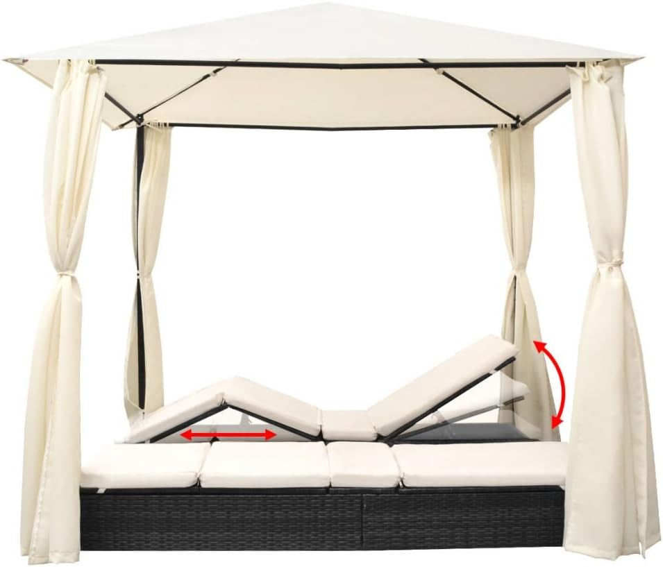 Chaise Lounge with Canopy Patio Furniture Outdoor Poolside Garden Adjustable Sun Lounge Poly Rattan Bed with Cushion for Patio Lawn Garden Backyard Porch Pool