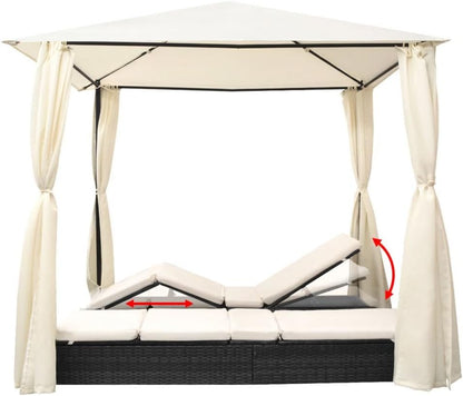 Chaise Lounge with Canopy Patio Furniture Outdoor Poolside Garden Adjustable Sun Lounge Poly Rattan Bed with Cushion for Patio Lawn Garden Backyard Porch Pool