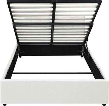 Queen Bed Frame with Storage and Gas Lift Leather Bed White