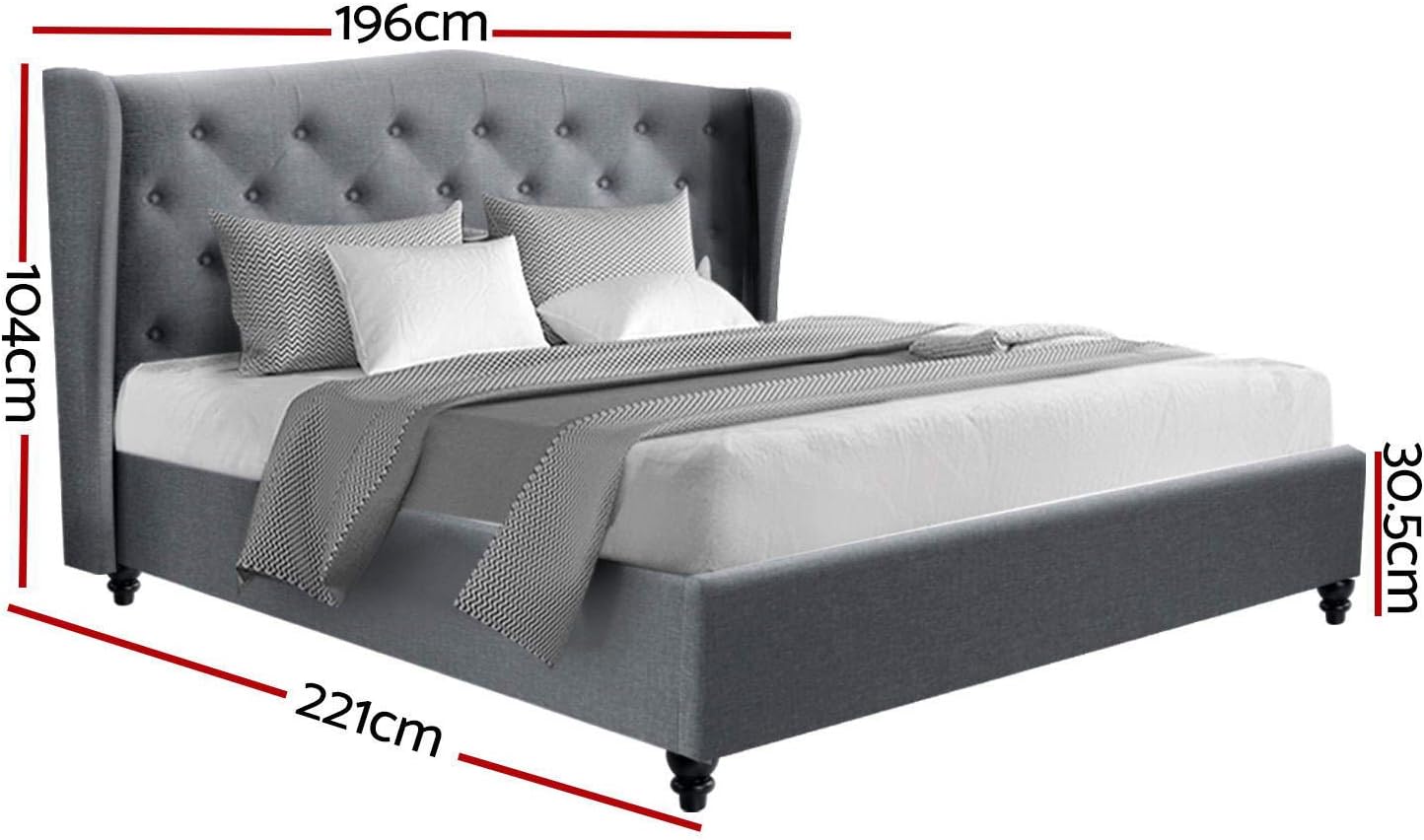 King Bed Frame Platform Wingback, Upholstered with Grey Faux Linen Fabric + Foam + Steel