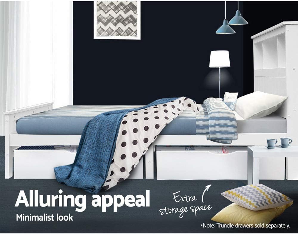 King Single Bed Frame Platform Wooden Timber Frames with Bookshelf Beds Base 