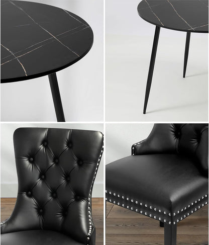 Dining Table and Chair Sets of 4 round Kitchen Table and Pu Leather Kitchen Chairs Black