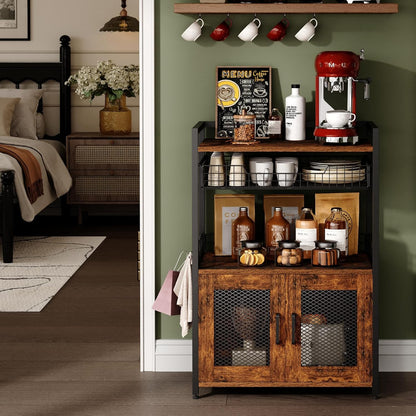 Coffee Bar Cabinet, 3 Tier Coffee Station Table on Wheels, 35.9'' H Bar Cart with Wire Basket Drawer & 5 Hooks for Home Kitchen