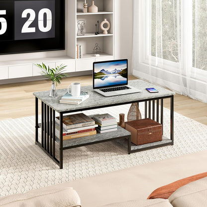Faux Marble Coffee Table, Rectangular 2-Tier Center Table with Open Storage Shelf, Modern Long Cocktail Table Snack Table with Metal Frame for Living Room, Home, Office, Gray