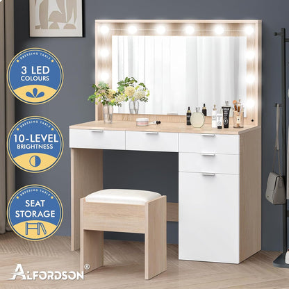Dressing Makeup Table & Stool Set, Vanity Desk with Mirror 12 LED Light Bulbs in Adjustable 3-Colour, Jewellery Dresser Organiser with Drawers for Bedroom Dressing Room, Wood White