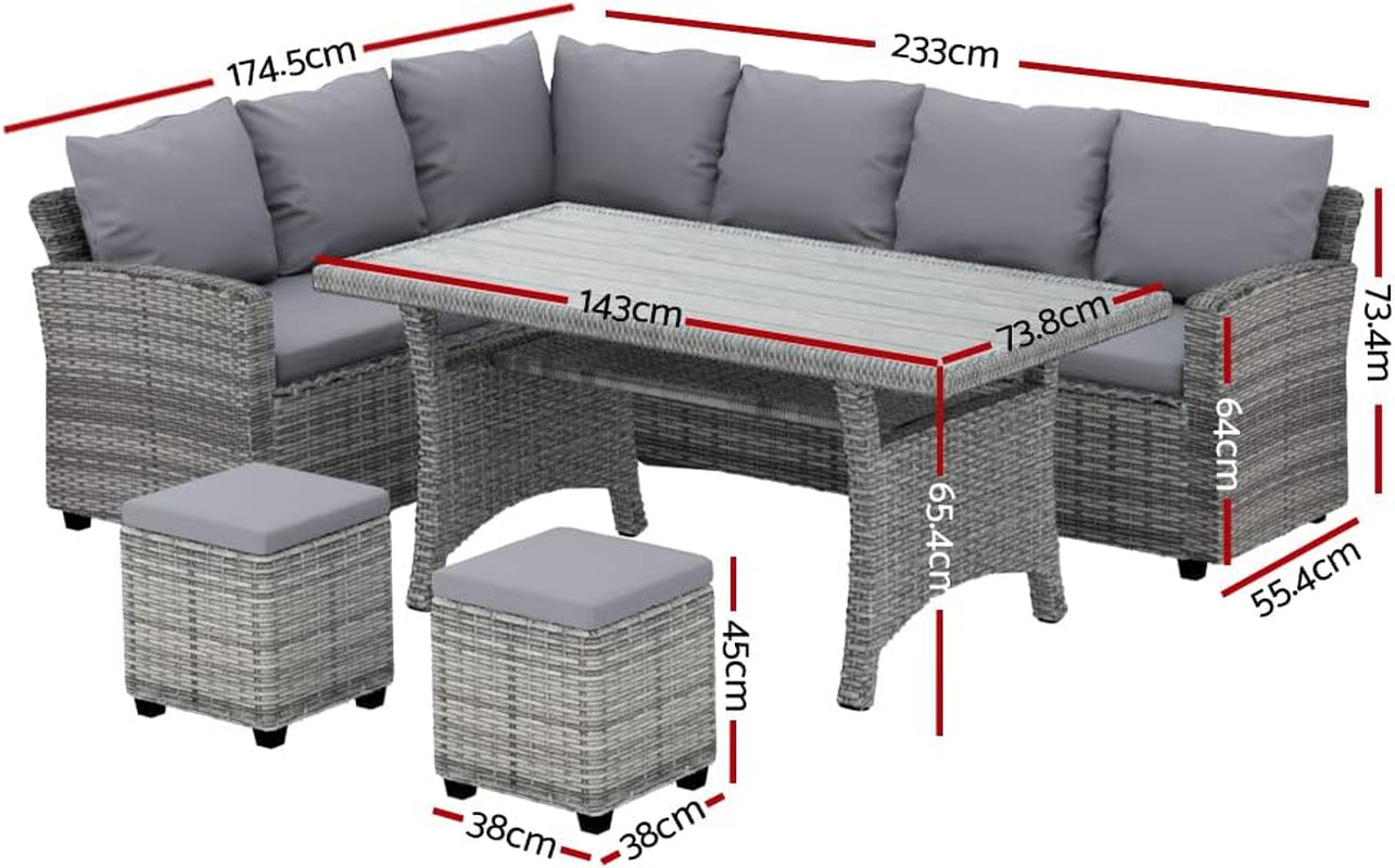 8 Seater Rattan Outdoor Table and Chairs Lounge Set Wicker Dining Tables Chair Setting Sofa, Patio Furniture Garden Backyard, Weather-Resistant Cushions Pillows Grey with Ottoman