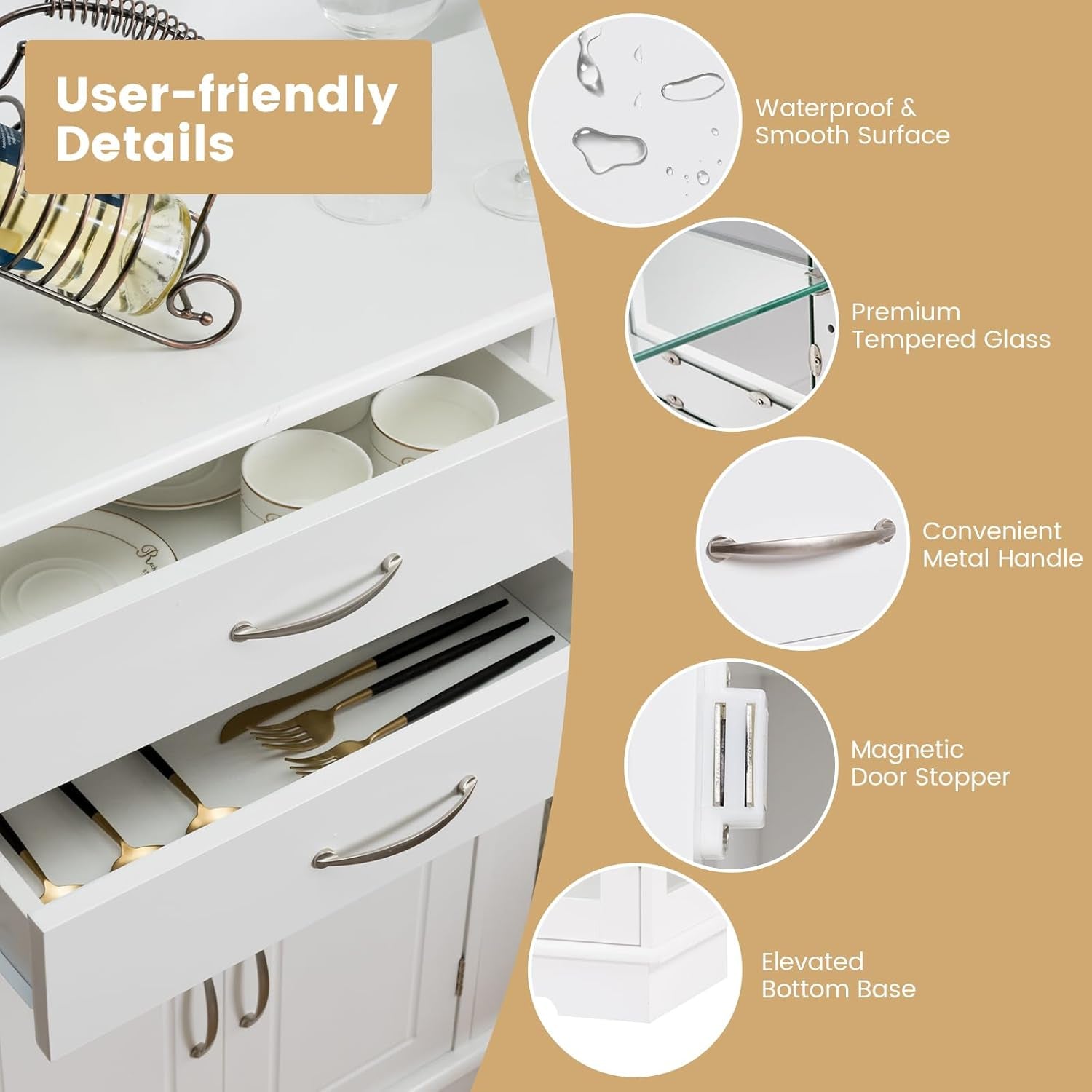 Buffet Sideboard W/Glass Door, Kitchen Storage Organizer W/ 2 Drawers & 3 Cabinets, Multifunctional Display Cabinet Console Table W/ 5 Adjustable Shelves for Kitchen Living Room White