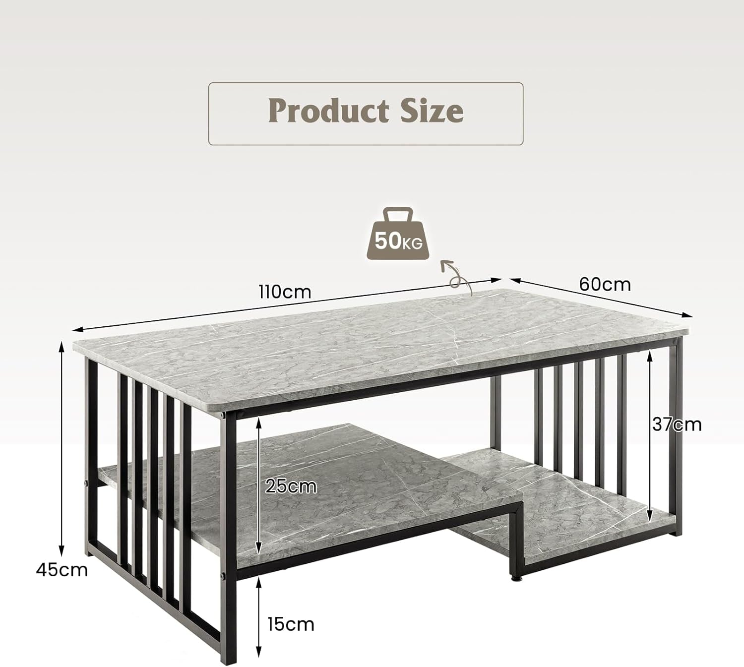 Faux Marble Coffee Table, Rectangular 2-Tier Center Table with Open Storage Shelf, Modern Long Cocktail Table Snack Table with Metal Frame for Living Room, Home, Office, Gray