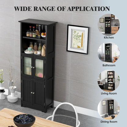Giantex 163Cm Bathroom Storage Cabinet, Kitchen Pantry Cupboard with Glass Doors, Open Storage Shelves & 3-Level Adjustable Shelves, Tall Storage Buffet Sideboard for Living Room Kitchen, Black
