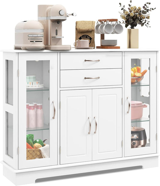 Buffet Sideboard W/Glass Door, Kitchen Storage Organizer W/ 2 Drawers & 3 Cabinets, Multifunctional Display Cabinet Console Table W/ 5 Adjustable Shelves for Kitchen Living Room White