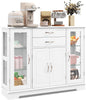 Buffet Sideboard W/Glass Door, Kitchen Storage Organizer W/ 2 Drawers & 3 Cabinets, Multifunctional Display Cabinet Console Table W/ 5 Adjustable Shelves for Kitchen Living Room White
