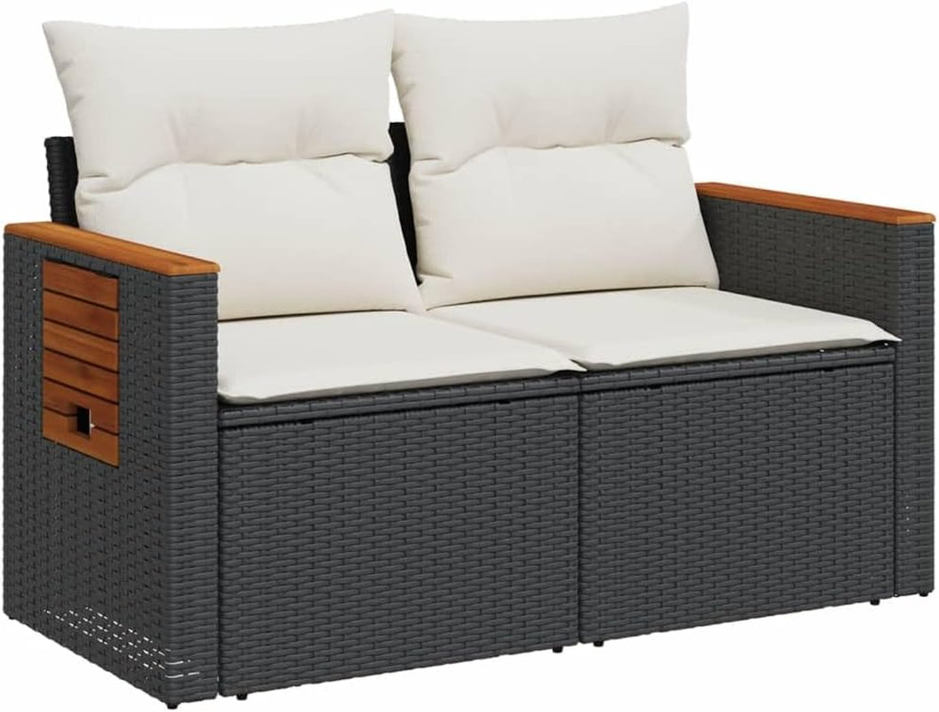 Garden Sofa/Couch W Cushions - 2-Seater Black PE Rattan, Steel & Acacia Wood - Outdoor Patio/Deck Furniture - 124X62X69 Cm with Storage & Side Table