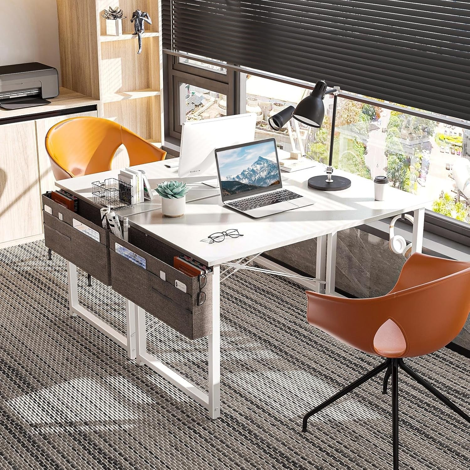 ODK Computer Desk Home Office Desk, Modern Writing Table, Simple Style PC Table with Storage Bag and Headphone Hook,100 * 48Cm White