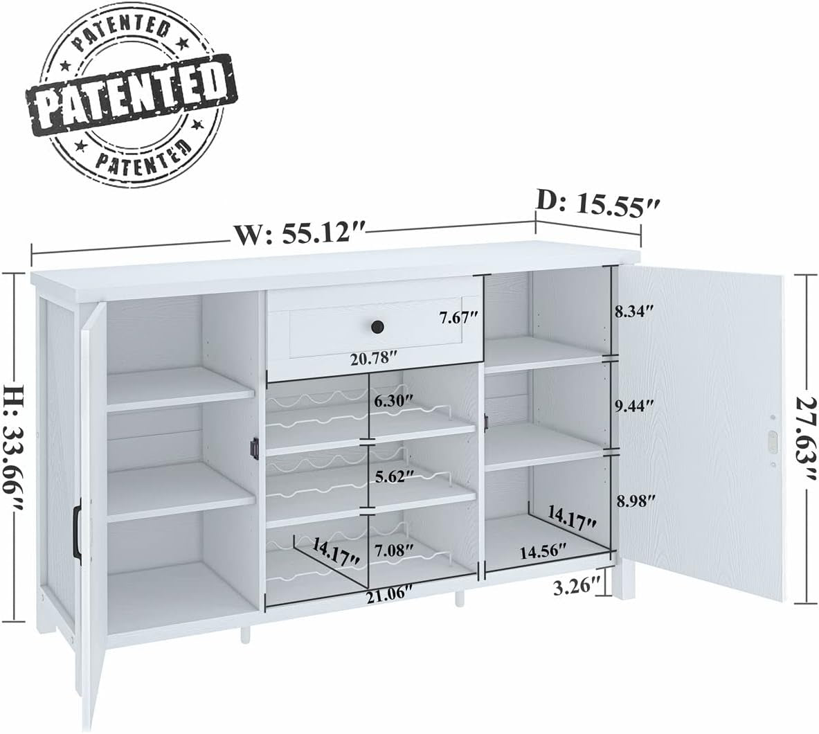 Industrial Coffee Bar Cabinet with Wine Rack, Wood Buffet and Sideboard with Storage Cabinet, (55.12 Inch, White Oak)