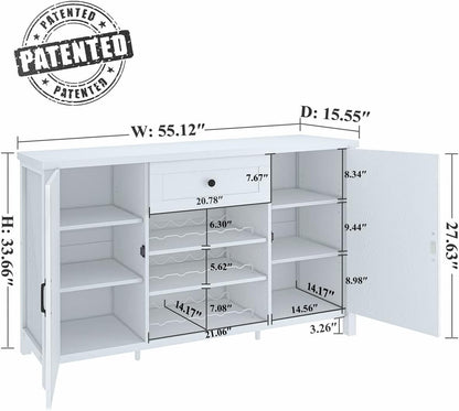 Industrial Coffee Bar Cabinet with Wine Rack, Wood Buffet and Sideboard with Storage Cabinet, (55.12 Inch, White Oak)