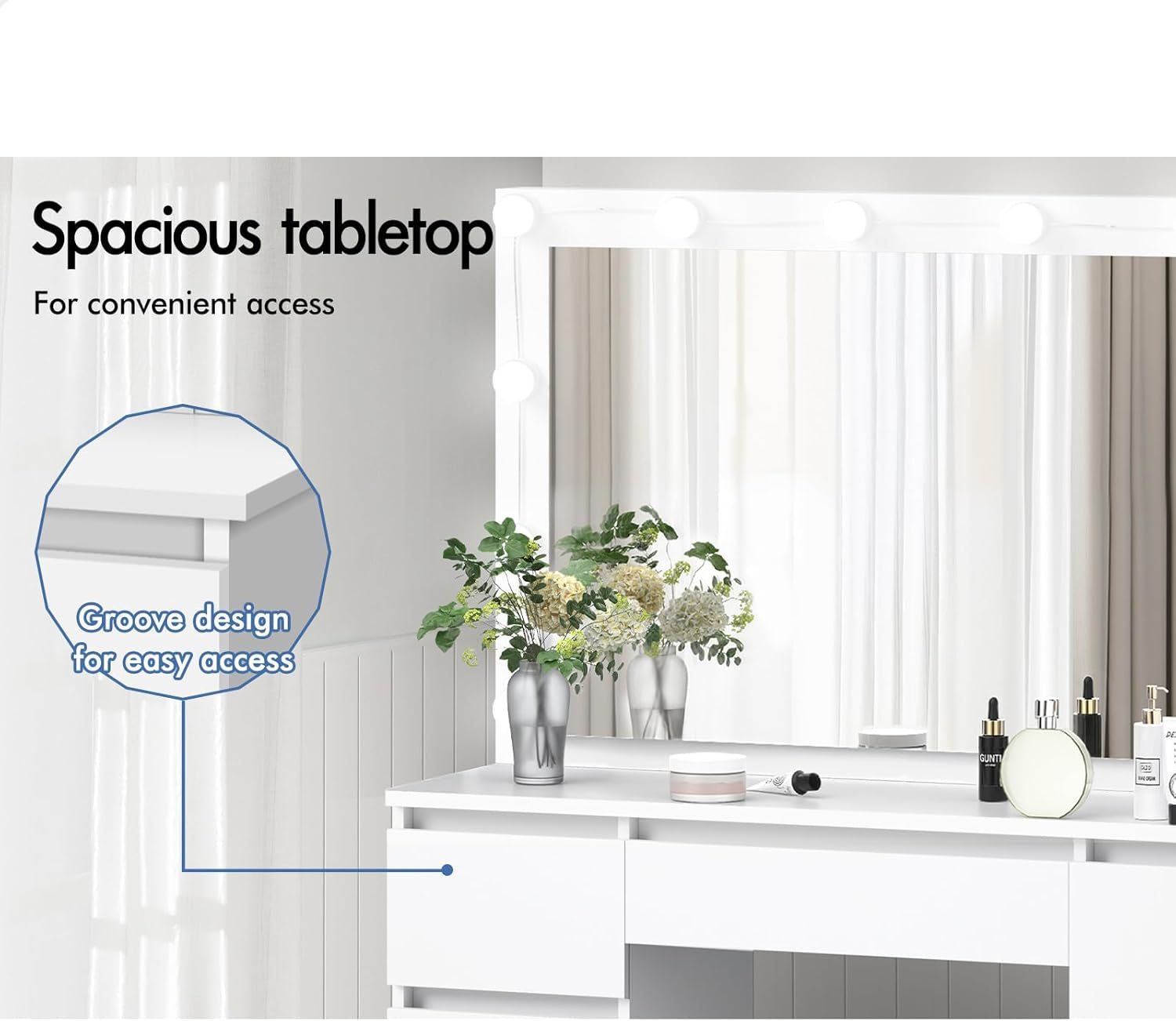 White Dressing Table Stool Set with Mirror, Storage Drawers and Chair, Makeup Mirror Desk with 12 LED Bulbs Adjustable Brightness Levels, Dresser Vanity Table Organiser for Dressing Room