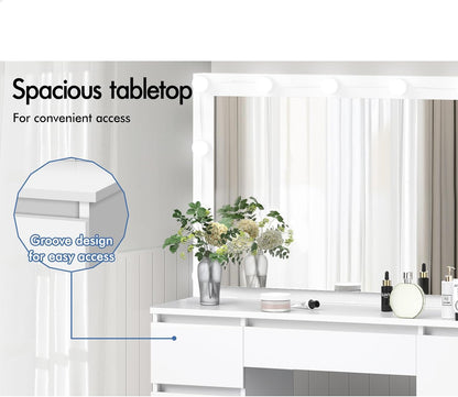 White Dressing Table Stool Set with Mirror, Storage Drawers and Chair, Makeup Mirror Desk with 12 LED Bulbs Adjustable Brightness Levels, Dresser Vanity Table Organiser for Dressing Room