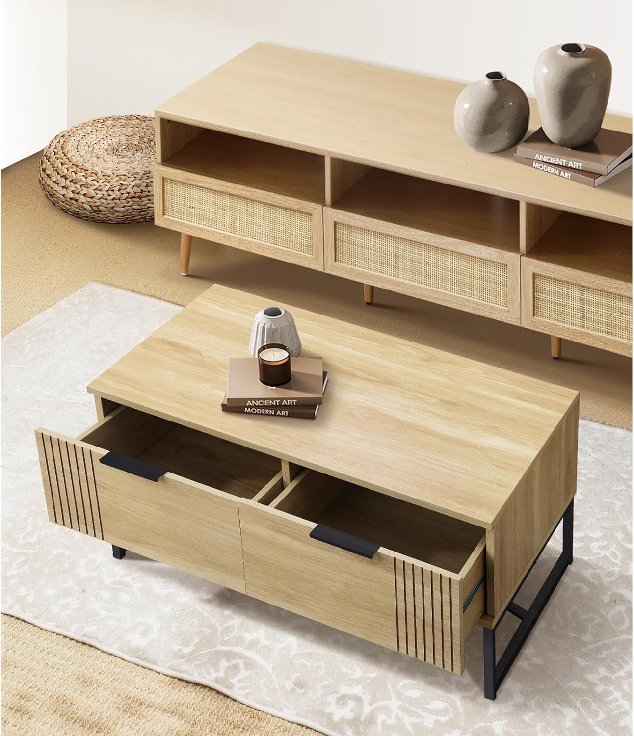 Coffee Table with Metal Base and 2 Storage Drawer Side End Table