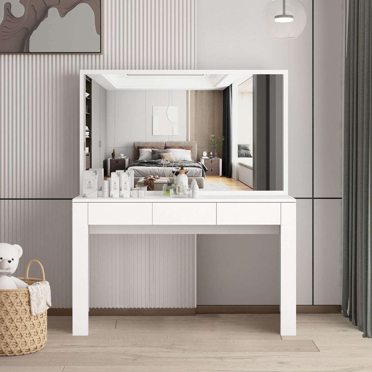 Dressing Table with Mirror Vanity Makeup Table with 3 Drawers Storage Modern Bedroom Furniture White