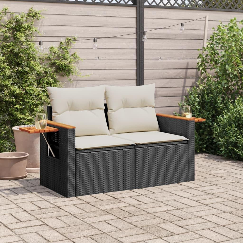 Garden Sofa/Couch W Cushions - 2-Seater Black PE Rattan, Steel & Acacia Wood - Outdoor Patio/Deck Furniture - 124X62X69 Cm with Storage & Side Table