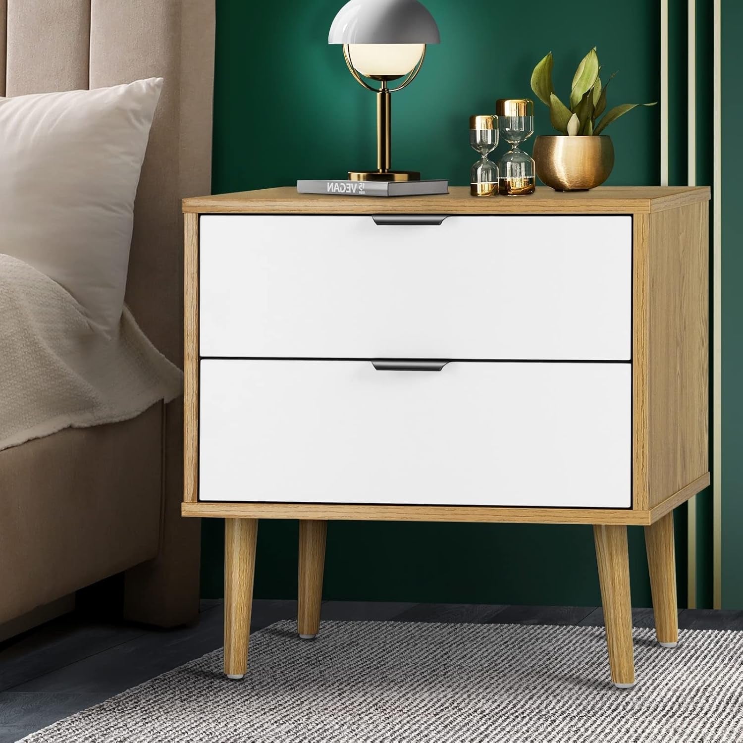 Bedside Tables 2 Drawers Side Tables Organiser Tall Nightstand Bedroom Furniture Storage Cabinet Wooden,White and Wood