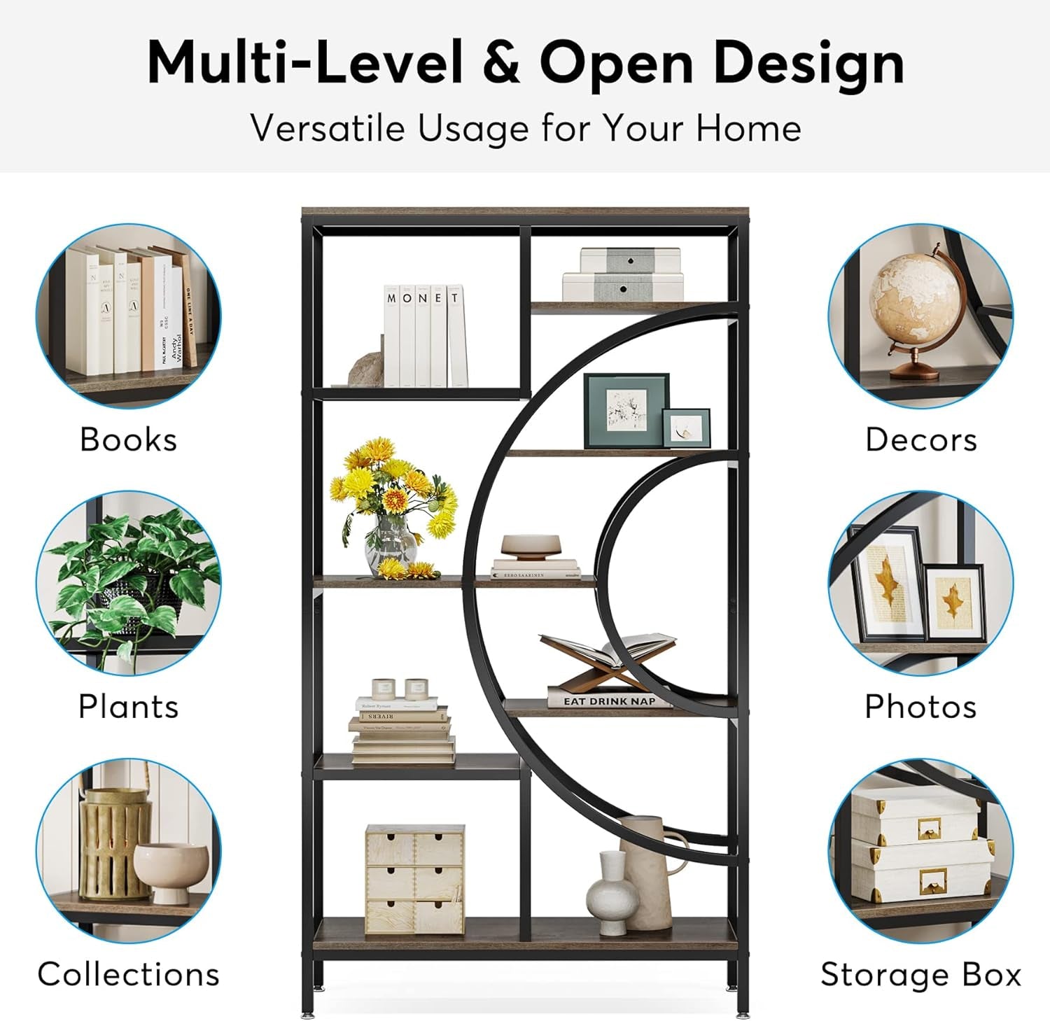 Geometric Bookcase, 71 Inches, Industrial 8-Tiers Bookshelves, Rustic Etagere Bookcase with Metal Frame, Tall Freestanding Open Storage Shelving Units for Home Office, Living Room