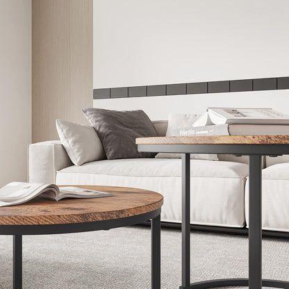 Round Nesting Coffee Table Set of 2 End Tables with Sturdy Metal Frame, Easy Assembly (Rustic Brown)
