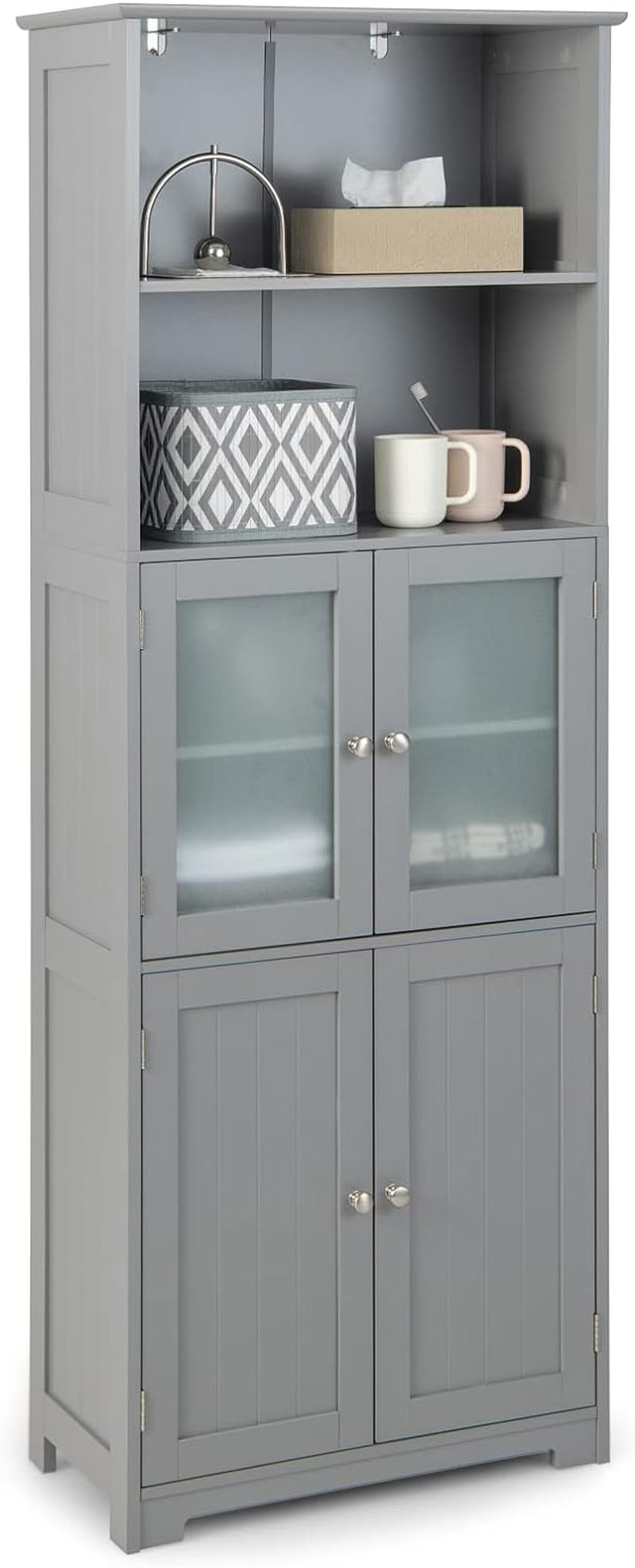 Giantex 163Cm Bathroom Storage Cabinet, Kitchen Pantry Cupboard with Glass Doors, Open Storage Shelves & 3-Level Adjustable Shelves, Tall Storage Buffet Sideboard for Living Room Kitchen, Black