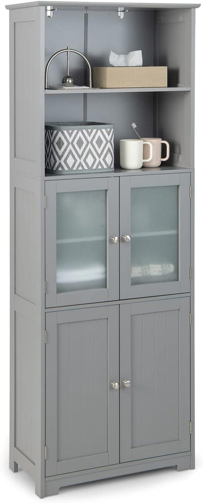 Giantex 163Cm Bathroom Storage Cabinet, Kitchen Pantry Cupboard with Glass Doors, Open Storage Shelves & 3-Level Adjustable Shelves, Tall Storage Buffet Sideboard for Living Room Kitchen, Black