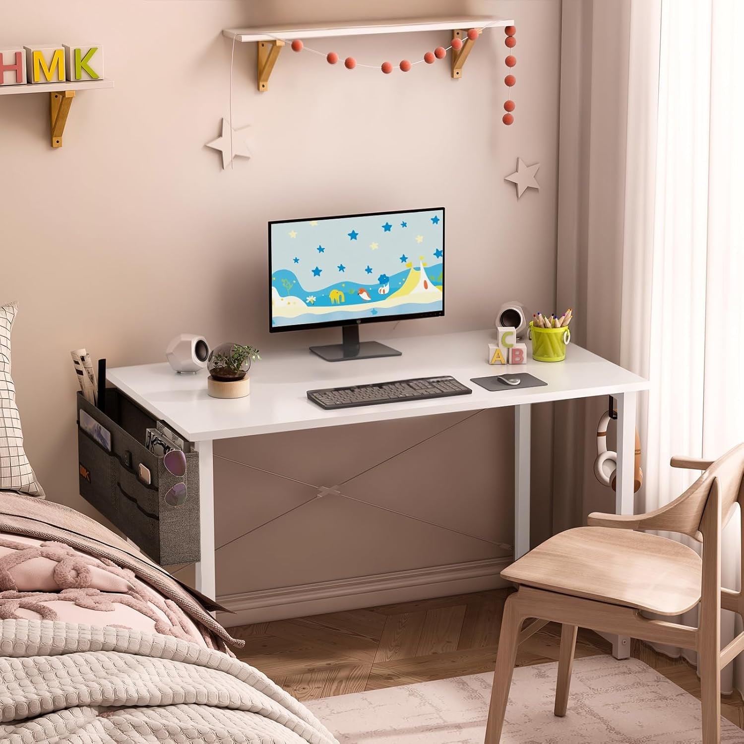 ODK Computer Desk Home Office Desk, Modern Writing Table, Simple Style PC Table with Storage Bag and Headphone Hook,100 * 48Cm White