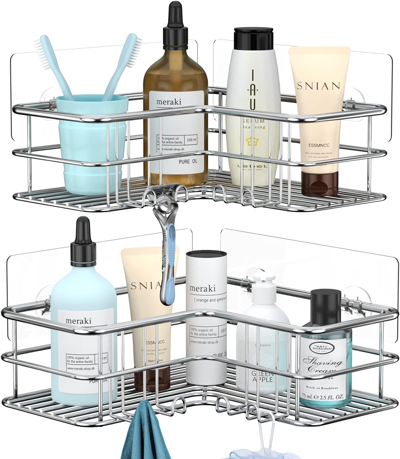 2 Pack Silver Corner Shower Hanging Bathroom Rack, Stainless Steel 304 Rust Resistant