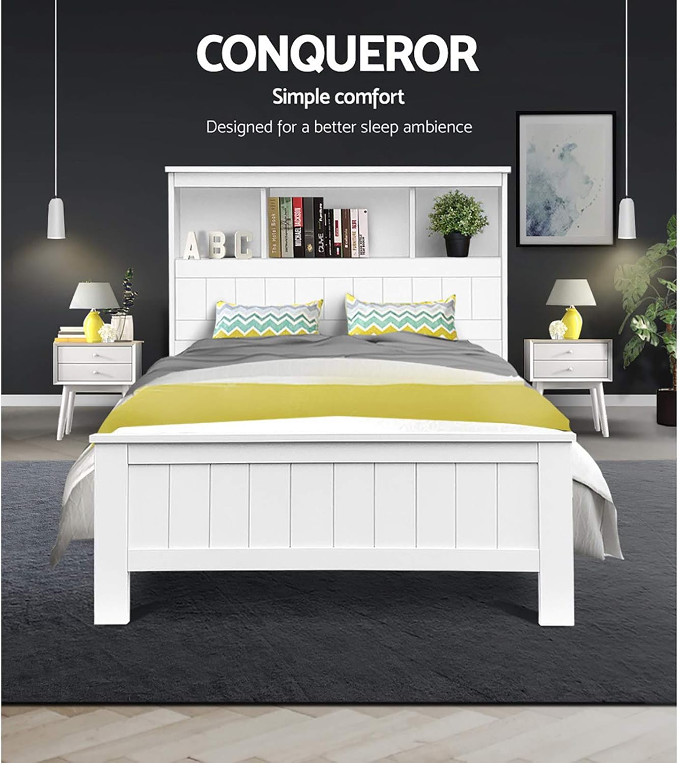 King Single Bed Frame Platform Wooden Timber Frames with Bookshelf Beds Base 