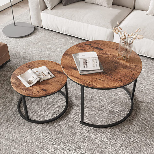 Round Nesting Coffee Table Set of 2 End Tables with Sturdy Metal Frame, Easy Assembly (Rustic Brown)