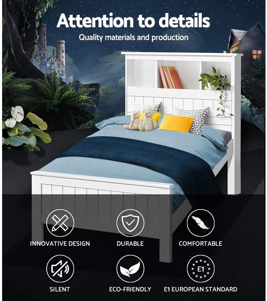 King Single Bed Frame Platform Wooden Timber Frames with Bookshelf Beds Base 