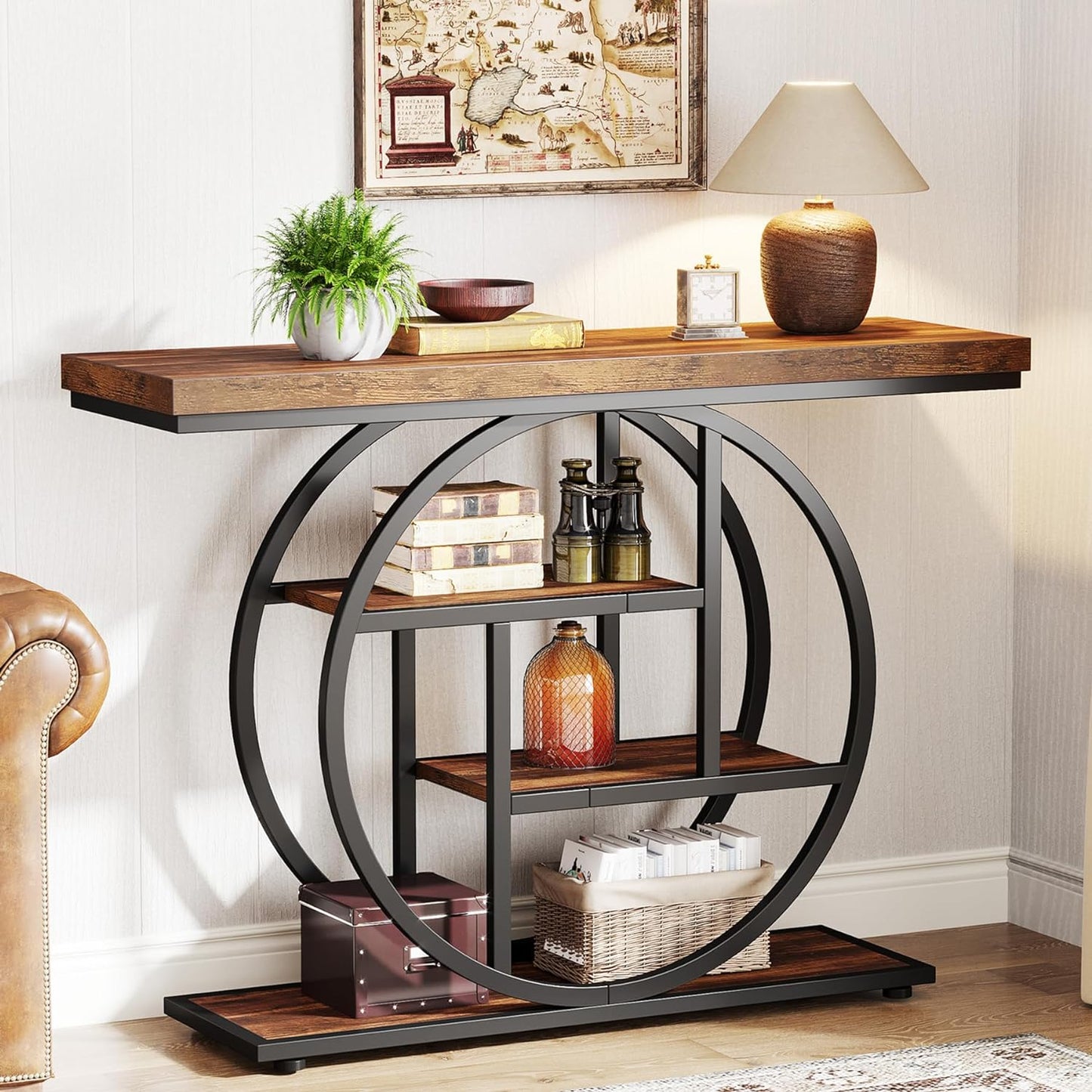 Rustic Console Table Hallway,105Cm Console Table, 4-Tier Entryway Console Table, Narrow Hall Table with Storage Shelves for Living Room, Foyer, Rustic Brown