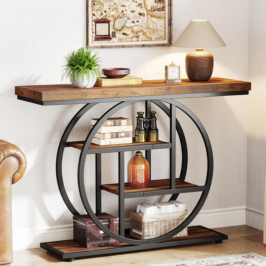 Rustic Console Table Hallway,105Cm Console Table, 4-Tier Entryway Console Table, Narrow Hall Table with Storage Shelves for Living Room, Foyer, Rustic Brown