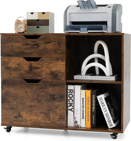 Giantex 3-Drawer File Cabinet, Mobile Printer Stand Cabinet with Adjustable Shelf, Rolling Lateral Filing Cabinet with Wheels for Letter, A4, Legal Size, for Home Office Organization (Black)
