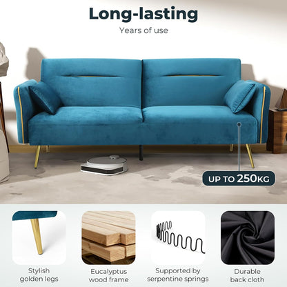 3 Seater Sofa Bed, Convertible Velvet Lounge Futon Couch with Recliner, Adjustable 3 Level Backrest with 2 Throw Pillow, Golden Legs for Small Spaces(198Cm X 80Cm X 83Cm, Peacock Blue)