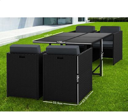 5Pcs Outdoor Dining Set Patio Furniture Garden Armchair, PE Wicker Rattan Lounge Chair and Glass Top Table with Steel Frame & Cushions, Uv-Resistant Conversation Sofa Set with Storage Cover