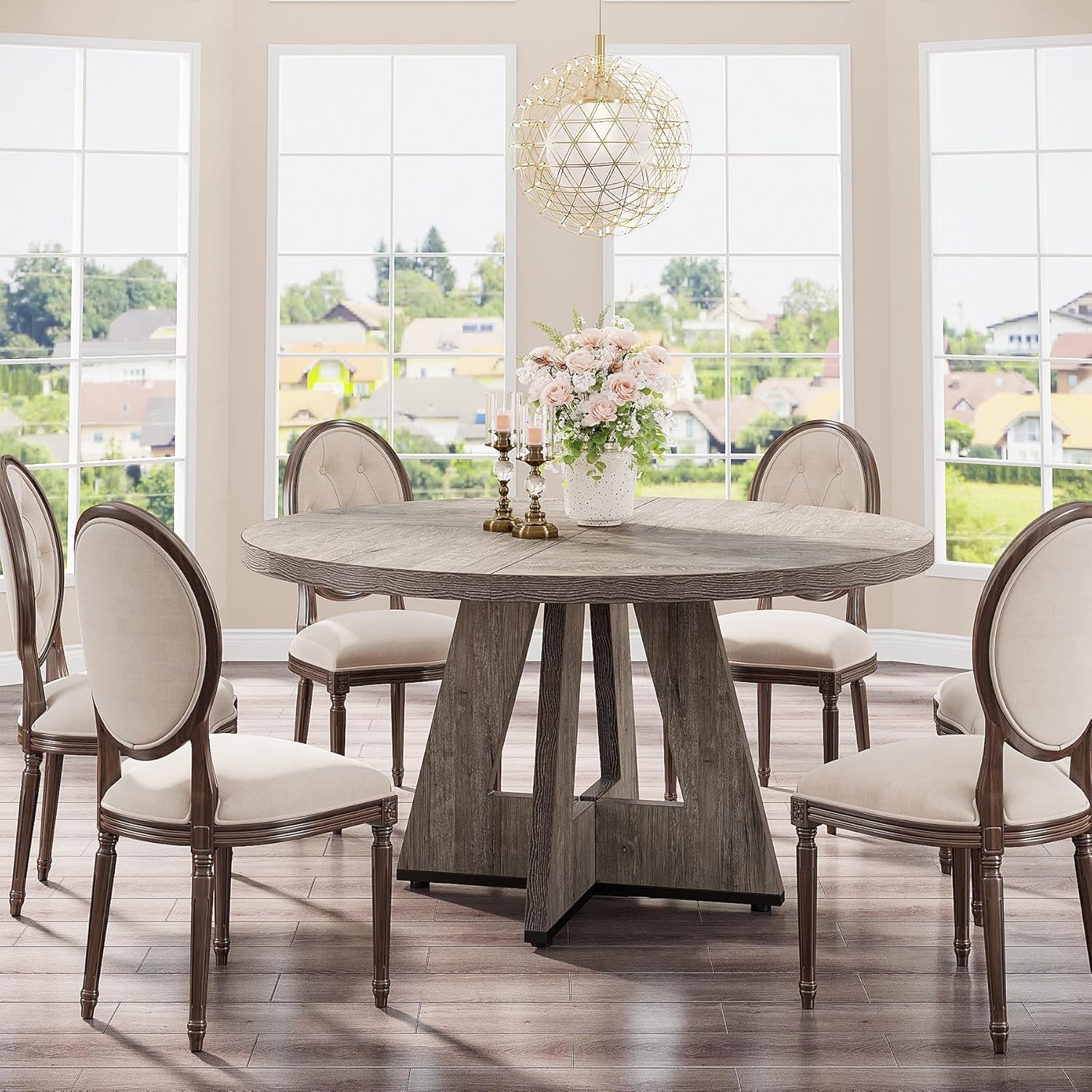 Round Dining Table Wood Kitchen Table for Dining Room Living Room, 47 Inches Dining Room Tables for 4 Person, Farmhouse Dinner Table with Wooden Table Top and Legs, Rustic Grey(Only Table)