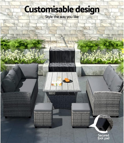 8 Seater Rattan Outdoor Table and Chairs Lounge Set Wicker Dining Tables Chair Setting Sofa, Patio Furniture Garden Backyard, Weather-Resistant Cushions Pillows Grey with Ottoman