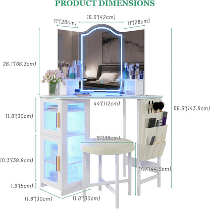 Dressing Table with Mirror and Lights, Charging Station, Corner Makeup Vanity with Storage Cabinet and Shelves, Modern Vanity Set with Stool for Bedroom (White)
