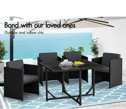 5Pcs Outdoor Dining Set Patio Furniture Garden Armchair, PE Wicker Rattan Lounge Chair and Glass Top Table with Steel Frame & Cushions, Uv-Resistant Conversation Sofa Set with Storage Cover
