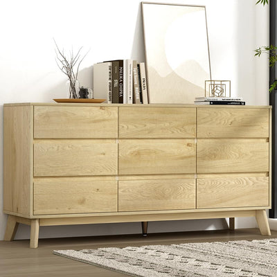 Chest of Drawers with 9 Drawer, Oak Wood Dresser Tallboy Storage Cabinet Board Side Tables Desk