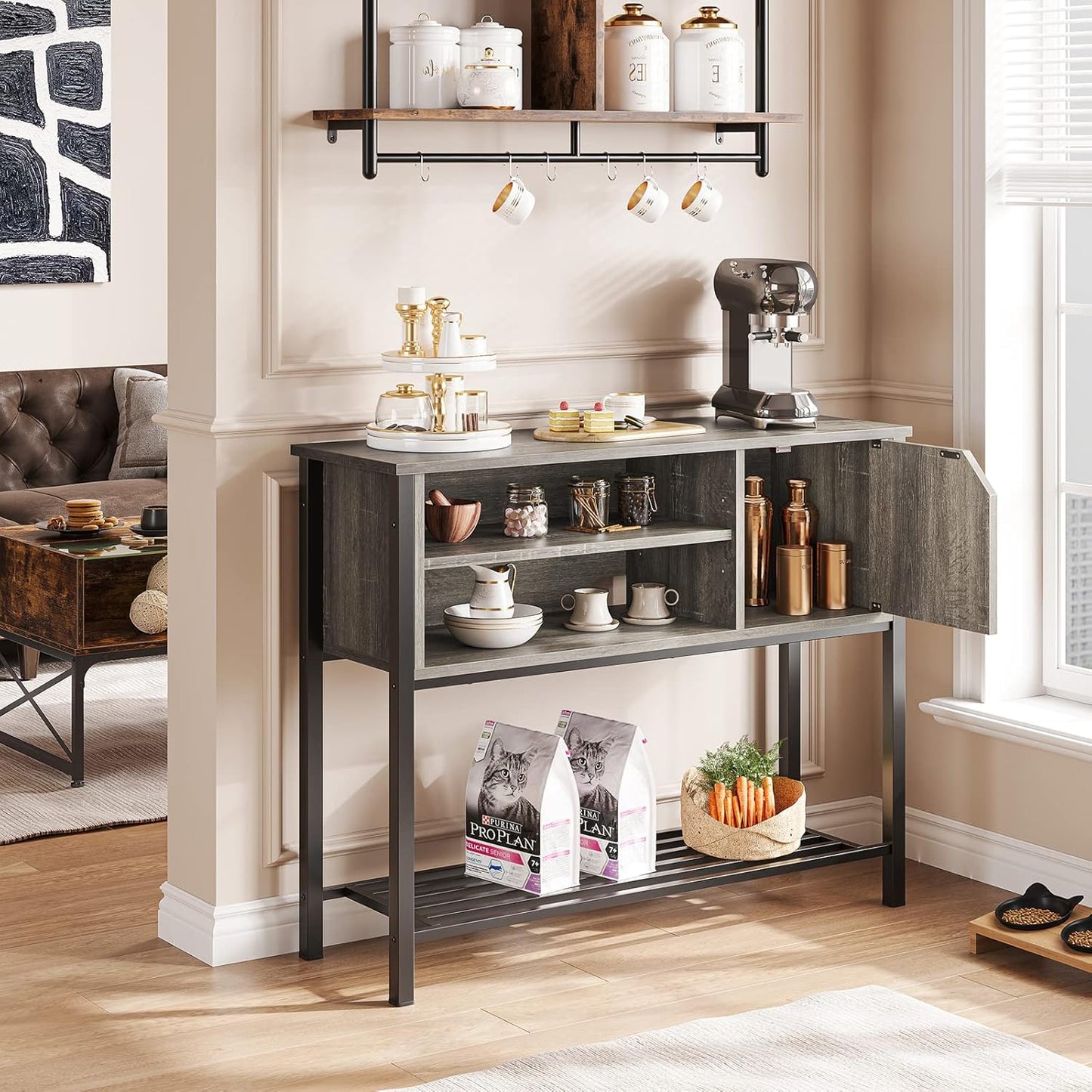 Coffee Bar with Storage Buffet Cabinet Kitchen Sideboard with Adjustable Shelves Console Table for Kitchen Dining Room, Grey